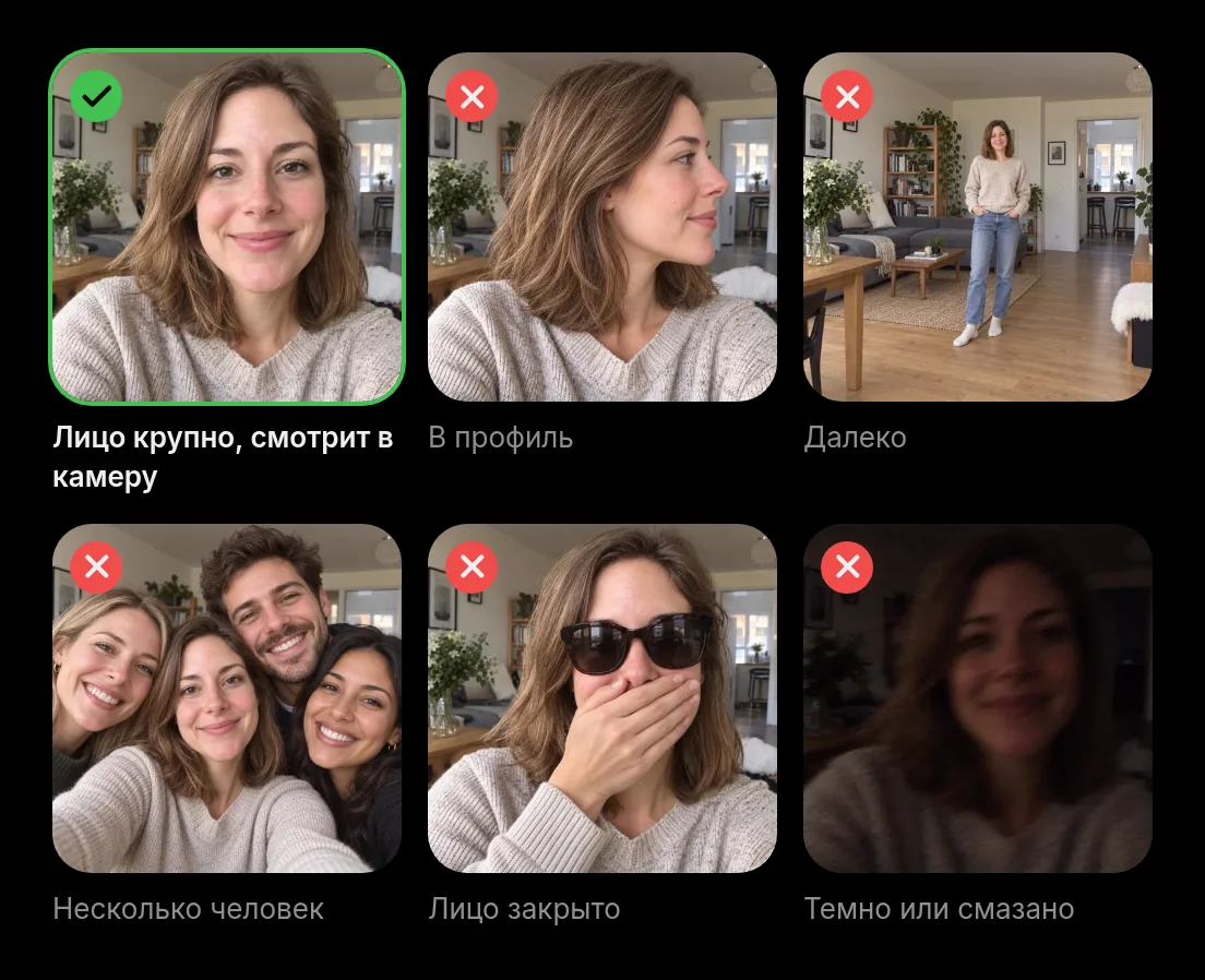 Примеры фото для поющего аватара: подходит портрет крупным планом, не подходят профиль, снимок издалека, групповое фото, закрытое лицо и тёмный кадр
