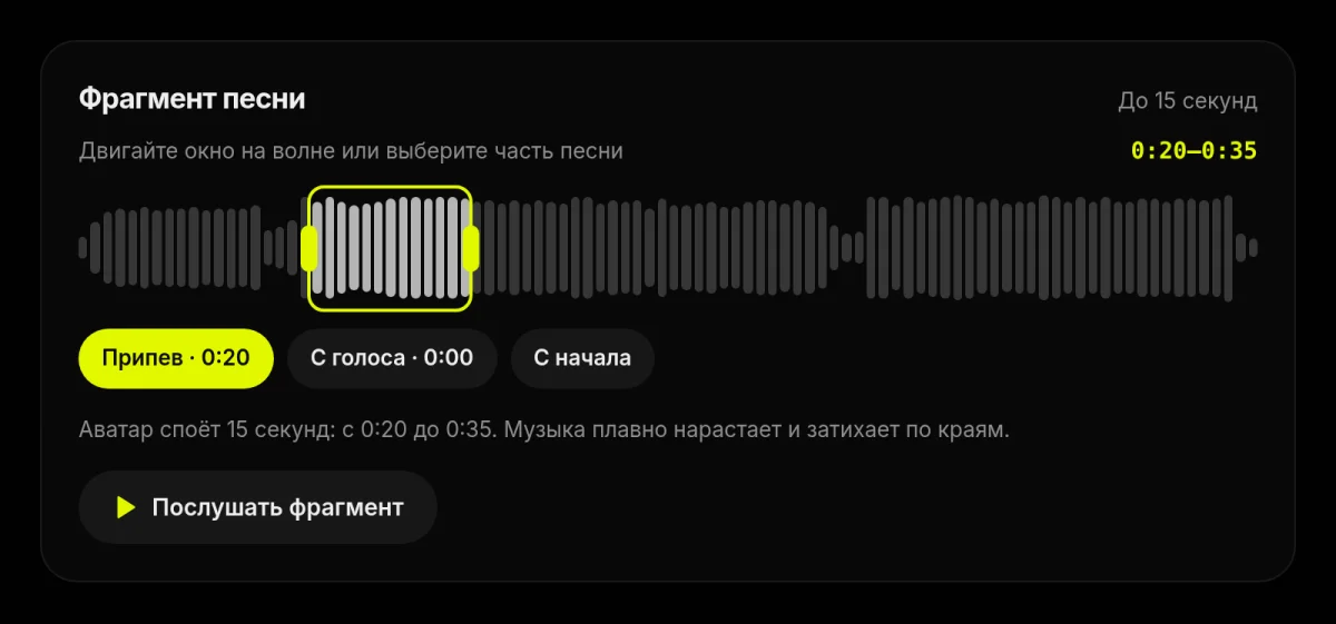 Фрагмент песни на звуковой волне: выделен припев с 0:20 до 0:35