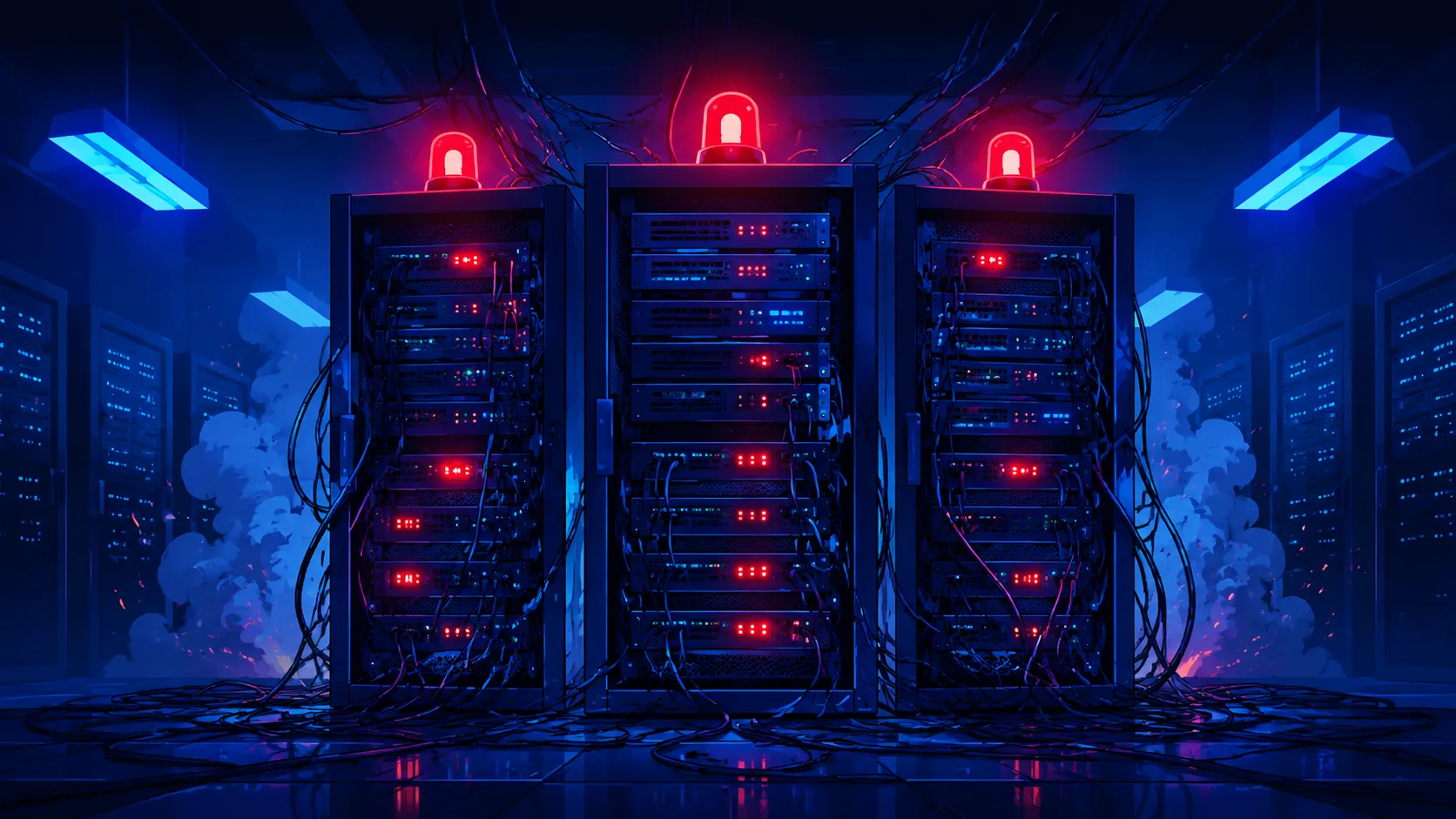 Серверная стойка с индикаторами перегрузки, иллюстрация к теме сбоя GitHub