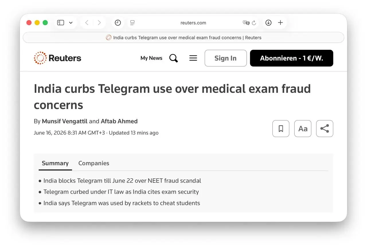 Индия ограничила доступ к Telegram до 22 июня из-за экзаменов