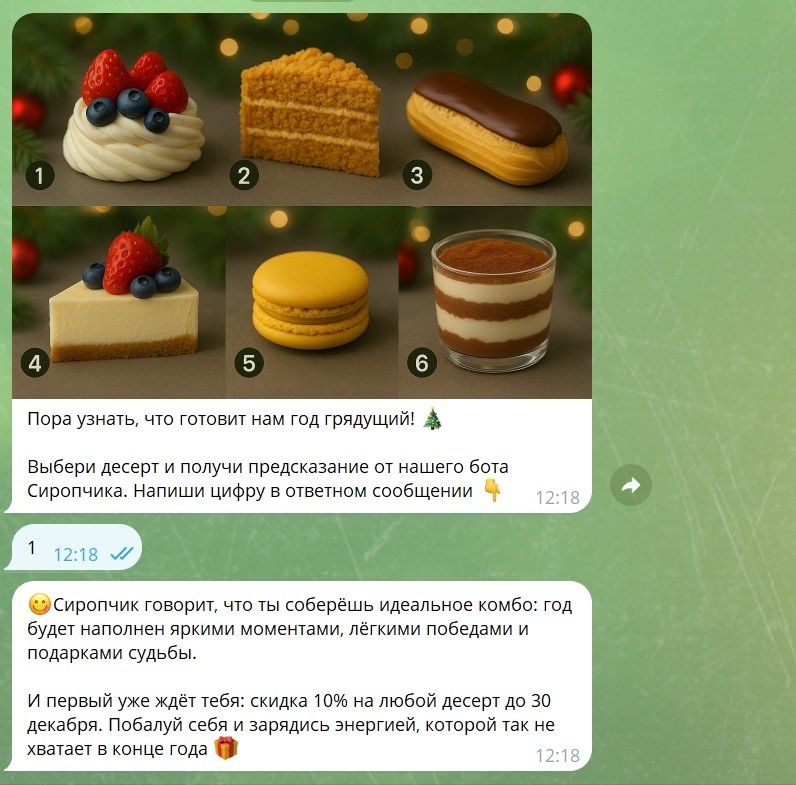 Пример игры в Telegram-боте для кофейни или кондитерской
