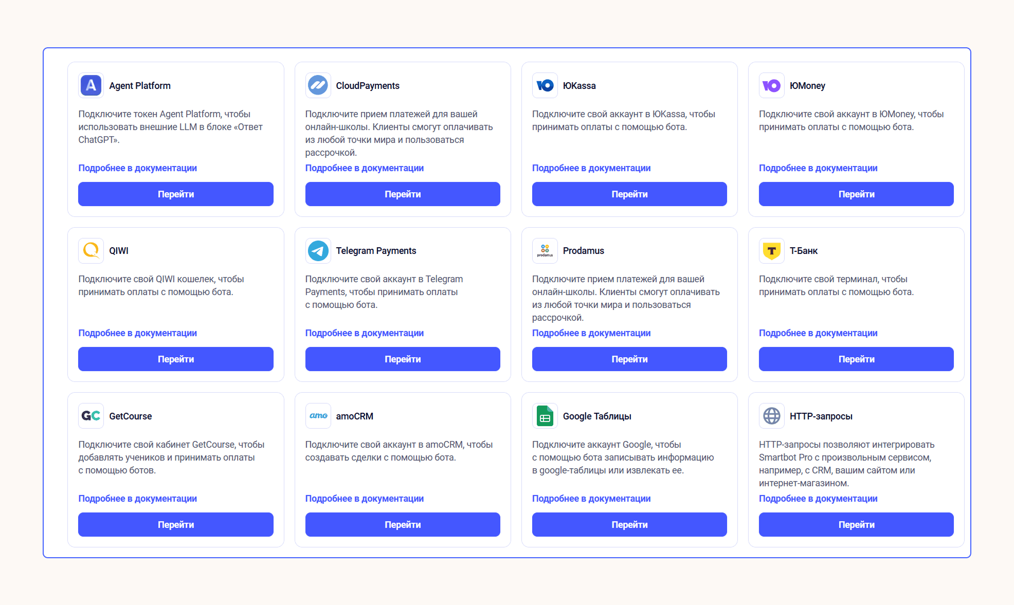 Каталог готовых интеграции в Smartbot Pro