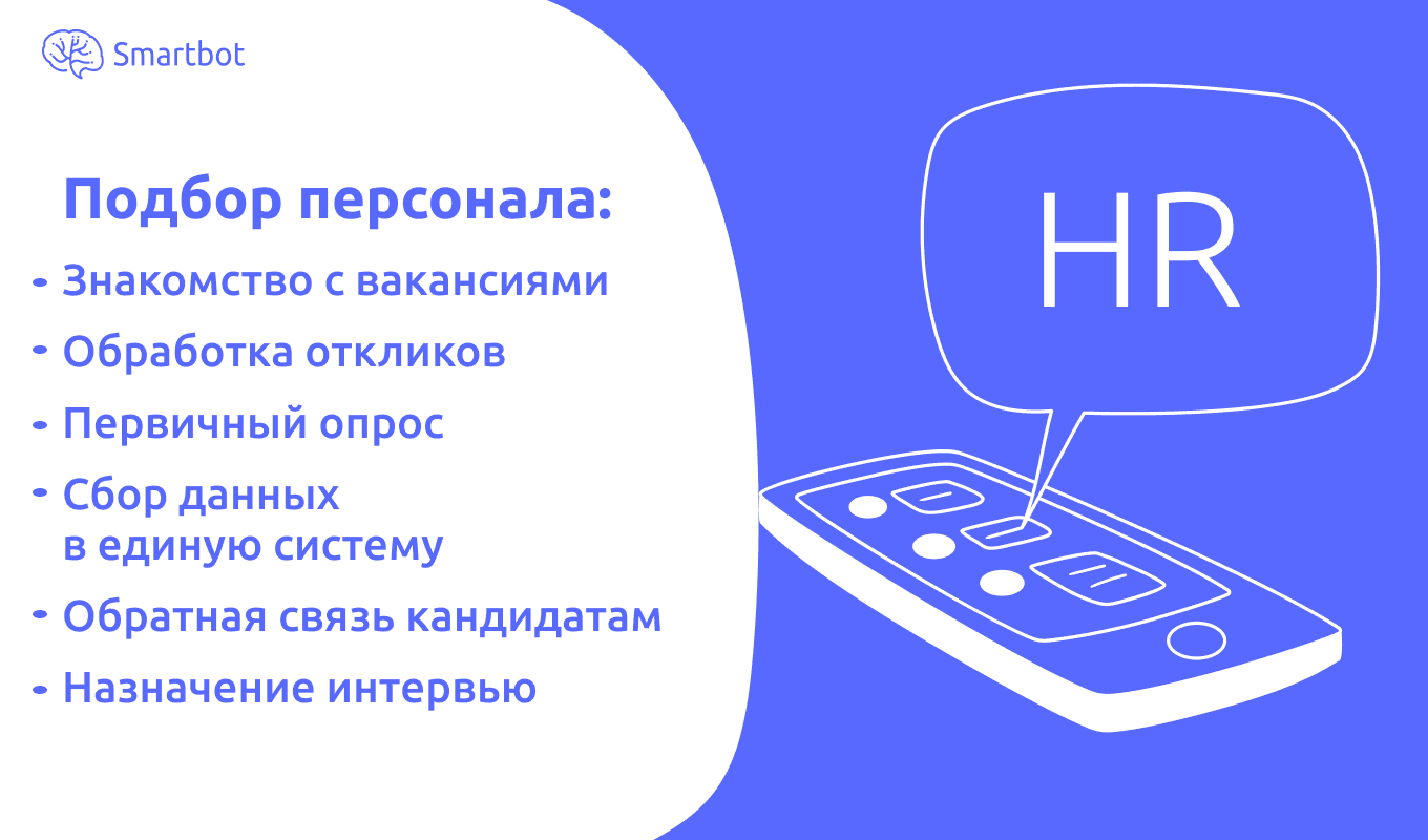 Например, знакомство с вакансиями и первичный опрос можно полностью передать чат-боту. В других процессах нужно участие HR-специалиста, но боты помогают снизить нагрузку и увеличить скорость работы