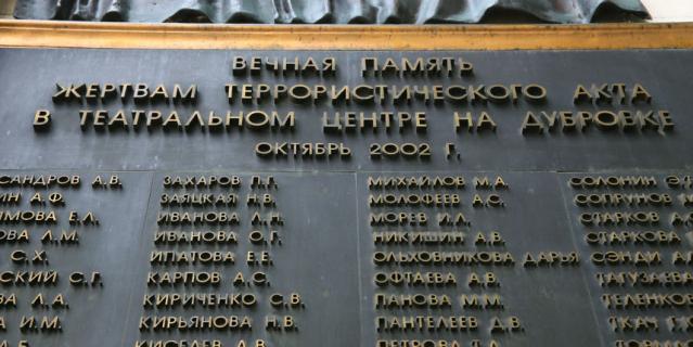 Траурная доска с именами погибших на здании бывшего театрального центра.