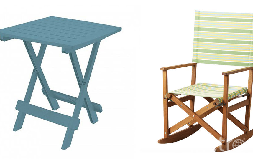 Складной столик из пластика OGOGO (1990 руб.) / Кресло-качалка ИКЕА СОЛБЛЕКТ (7499 руб.). Фото Предоставлено интернет-магазином, "Metro"