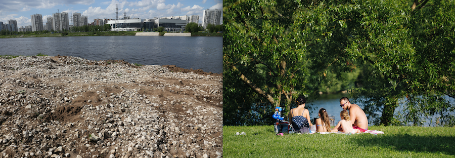 Парк "Братеевская пойма" до и после благоустройства. Фото департамента капитального ремонта