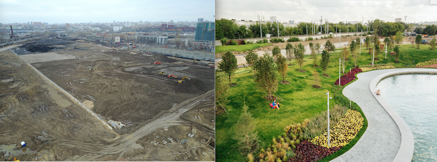 Парк "Тюфелева Роща" на территории ЗИЛ до и после благоустройства. Фото департамента капитального ремонта
