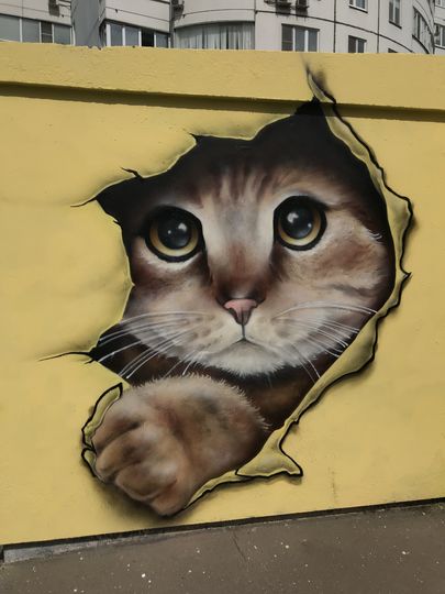 Художник Саша "Знак" решил порадовать жителей Тропарёво-Никулино и "забомбил" трансформаторную будку на улице Академика Анохина котиками. Фото Саша "Знак"