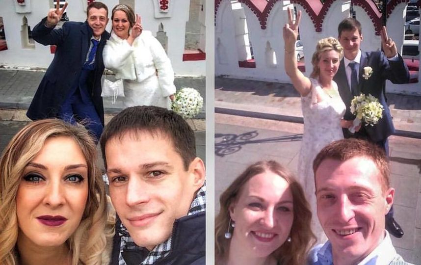 мы с моим молодым человеком гуляли на свадьбе у друзей и выходя из ЗАГСа решили сделать селфи, как мимо проходили молодожены и решили попозировать, поскольку солнце было ярким, не заметили этого. Уже потом их увидив, были приятно удивлены. Спустя год уже на нашей свадьбе, в том же месте решили повторить снимок. Фото Чистякова Елена
