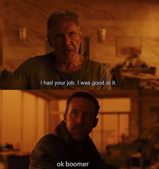 Надпись на картинке: "Когда-то я делал твою работу. И делал её хорошо" – "Окей, бумер". Фото скриншот @kingg_of_memes_