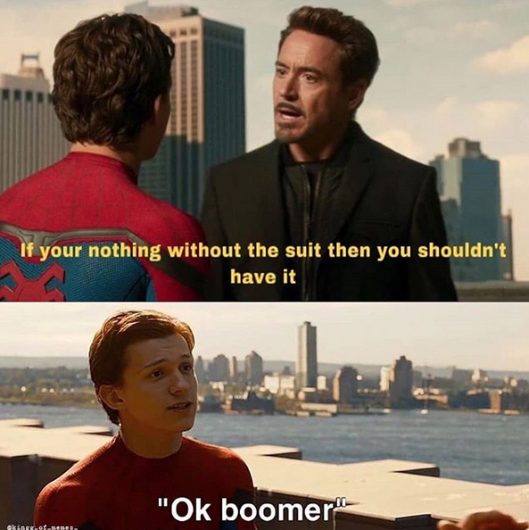 Надпись на картинке: "Если без костюма ты никто, значит ты его недостоин" – "Окей, бумер". Фото скриншот @kingg_of_memes_