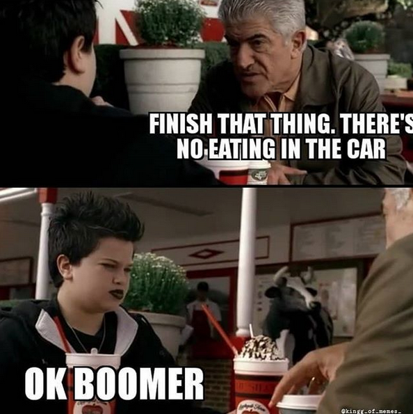 Надпись на картинке: "Доедай. Никакой еды в машине" – "Окей, бумер". Фото скриншот @kingg_of_memes_