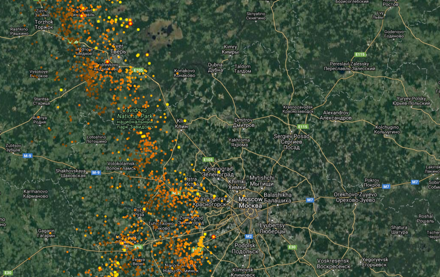 Сильнейший ливень в Москве: указания от МЧС. Фото www.lightningmaps.org/.