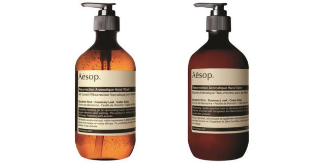 Гель для мытья рук AESOP Resurrection (2480 руб.) с антибактериальный действием и бальзам для рук AESOP Resurrection (6400 руб.) с антисептическим действием.