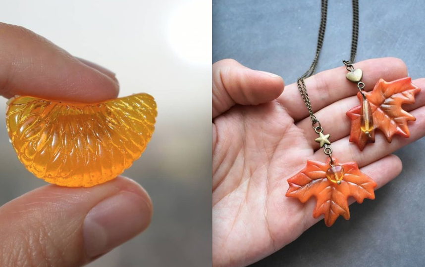 Брошь "Долька мандарина" и подвески "Осенние листочки". Фото Instagram: @rossipyglina