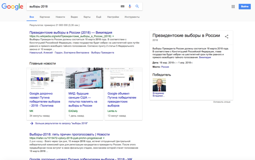 Google досрочно назвал победителя президентских выборов в России