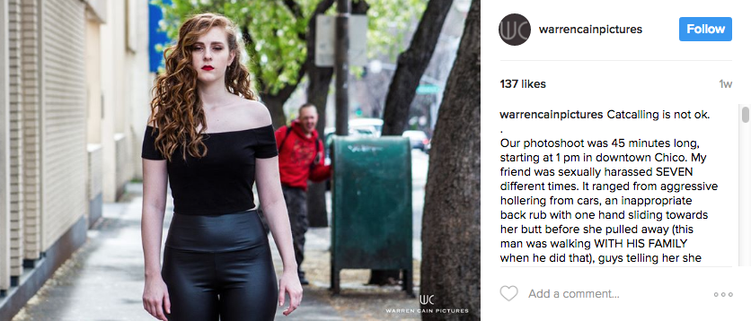 Мужчина освистываеь модель за её спиной. Фото www.instagram.com/warrencainpictures