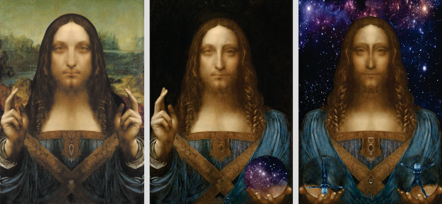 Тот самый триптих. Слева направо: Спаситель Человек, Спаситель Богочеловек, каким его изобразил ещё да Винчи, но с другой сферой, и Спаситель Бог. Свои работы аргентинец создаёт с помощью компьютерной графики, затем печатает их на холсте и дорисовывает нужные элементы маслом и акрилом. Фото Jose Alfredo De Andres