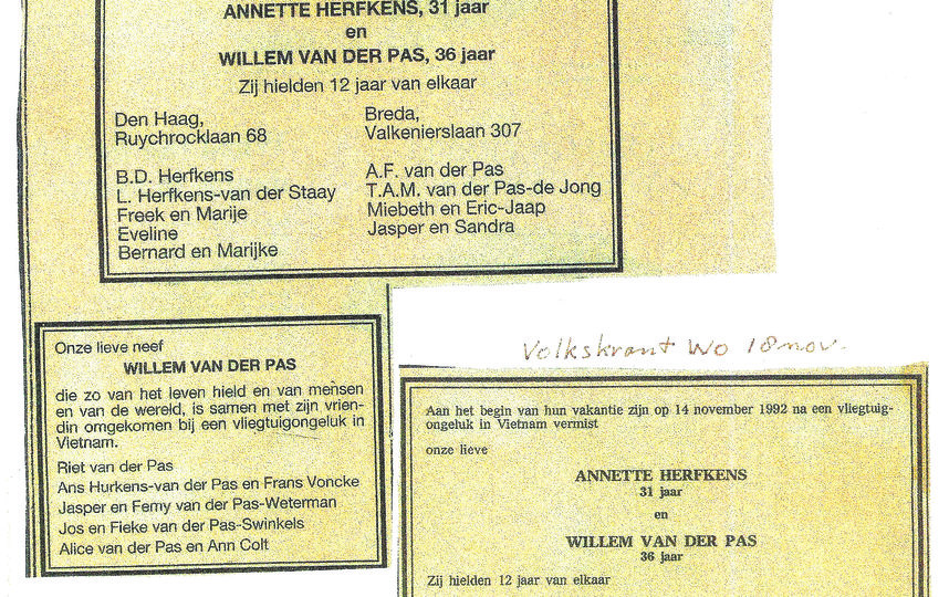 Заметка в нидерландской газете, в ней сообщается о пропаже без вести 31-летней Аннетт и 36-летнего Виллема в «самом начале их отпуска». «Они любили друг друга 12 лет», – отмечается в тексте. Фото предоставила Annette Herfkens, "Metro"