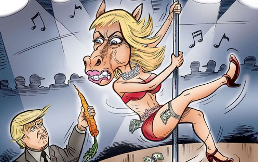 Реакция художника на обвинения порноактрисы Сторми Дэниэлс в адрес Трампа, что его люди заплатили ей за сокрытие информации об имевшей место связи между ними. Фото Скриншот instagram@ grrrgraphics