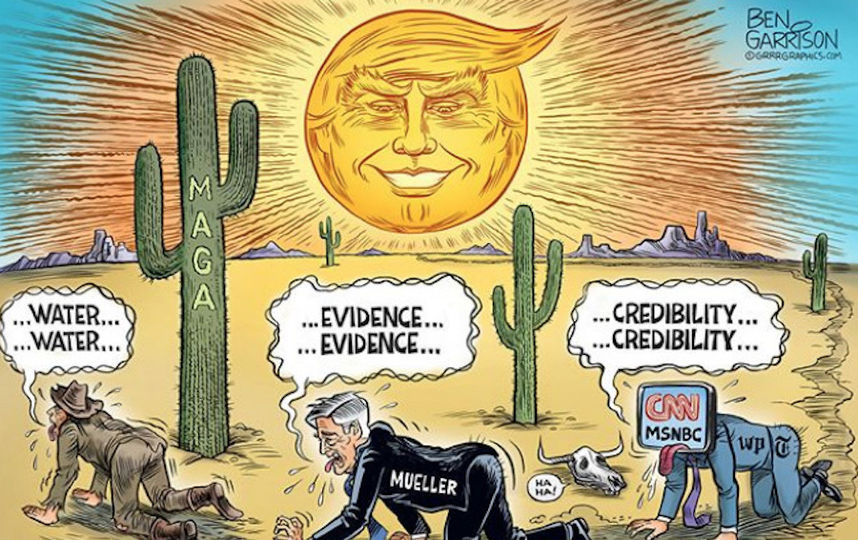 Враги Трампа – в лице спецпрокурора Мюллера и СМИ типа CNN, Washington Post, New York Times – в поисках доказательств его нечестной игры в ходе президентских выборов. Фото Скриншот instagram@ grrrgraphics