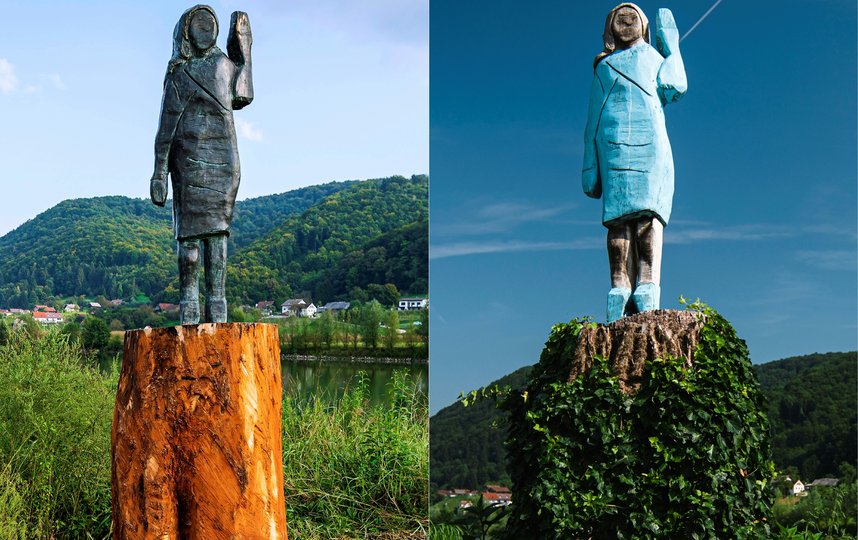 Новая (слева) и старая статуи Мелании. Фото AFP