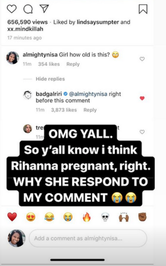 Рианна ответила на комментарий подписчицы. Фото скриншот @almightynisa