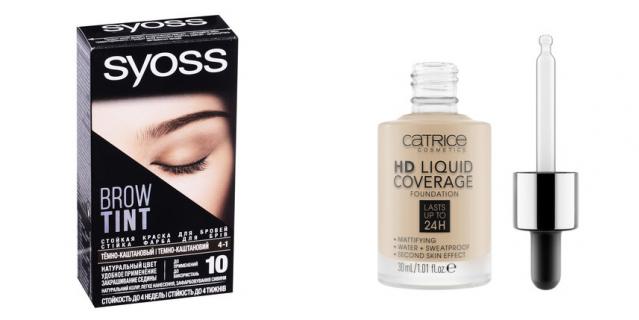 Стойкая краска для бровей Syoss Brow Tint (415 руб.) / Лёгкий тональный флюид Catrice HD Liquid Coverage (640 руб.).