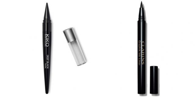 Карандаш для глаз с мягкой текстурой KIKO Deep Black Kajal (660 руб.) / Подводка-фломастер Graphik Ink Liner от Clarins (975 руб.).