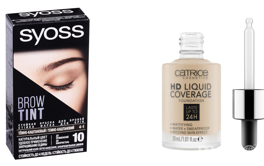 Стойкая краска для бровей Syoss Brow Tint (415 руб.) / Лёгкий тональный флюид Catrice HD Liquid Coverage (640 руб.). Фото Предоставлено интернет-магазином, "Metro"