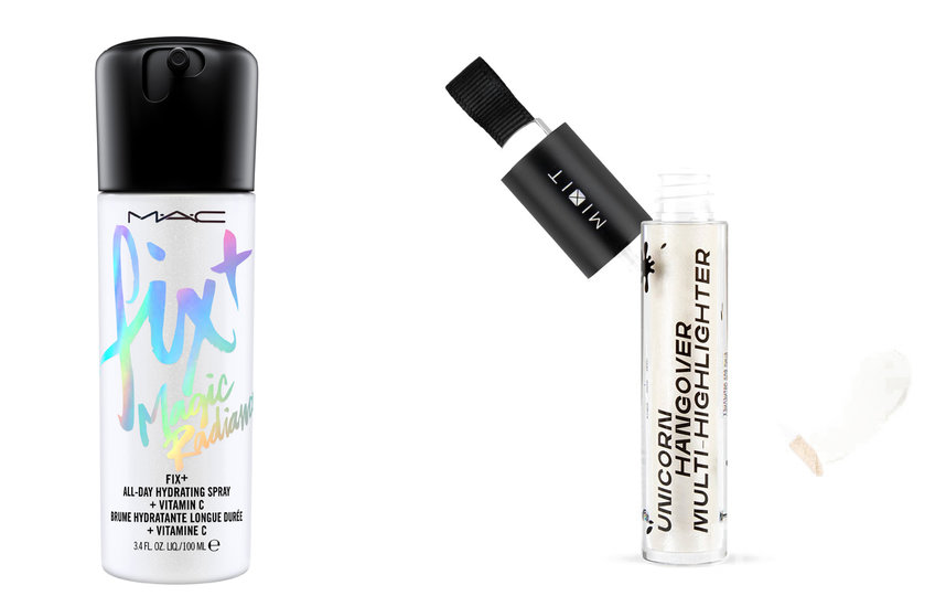 Увлажняющий фиксатор макияжа с эффектом влажного сияния M.A.C Fix + Magic Radiance (2500 руб.) / Хайлайтер для лица Mixit Unicorn (745 руб.). Фото Предоставлено интернет-магазином, "Metro"