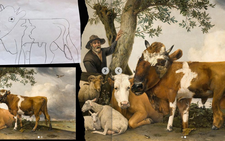 Картина "Молодой бык" нидерландского художника Паулюса Поттера после того, как её "доработала" 7-летняя Джулия, выглядит вот так (справа). Фото Instagram: @thingsihavedrawn