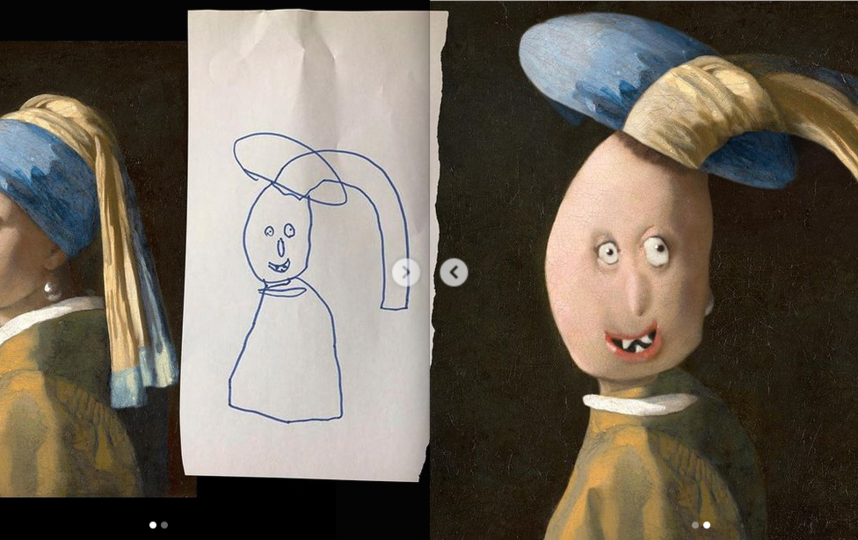 "Девушка с жемчужной серёжкой" – плод совместной работы Яна Вермеера (XVII век) и 6-летней Алисы Дефне. Фото Instagram: @thingsihavedrawn