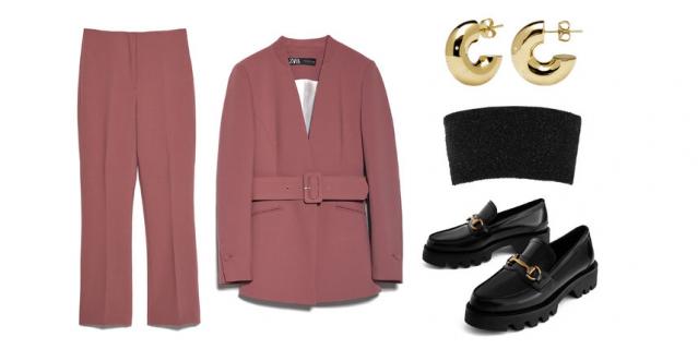 Брючный костюм Zara (7598 руб.) / Лоферы Uterque (10 990 руб.) / Бра Calvin Klein Collection, YOOX (5000 руб.) / Серьги PDPAOLA (4140 руб.).