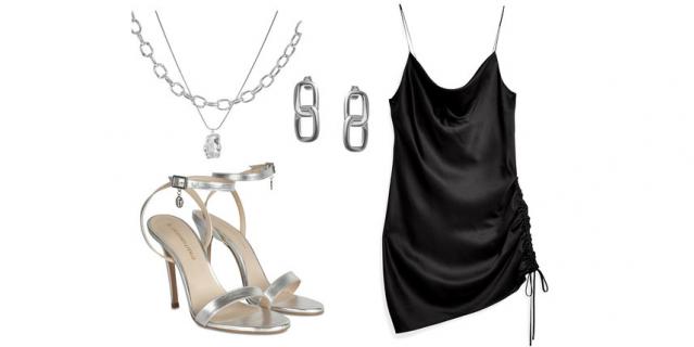 Колье Lisa Smith (4600 руб.) / Серьги Philippe Audibert (4725 руб.) / Платье Topshop, YOOX (1950 руб.) / Босоножки Trussardi Jeans (11 475 руб.).