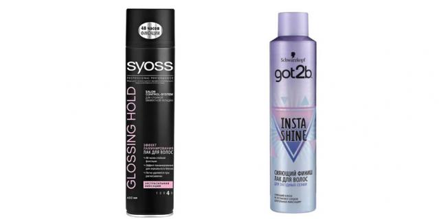 Лак для волос SYOSS Glossing&Hold (520 руб.) / Лак для волос GOT2b Instashine (469 руб.).