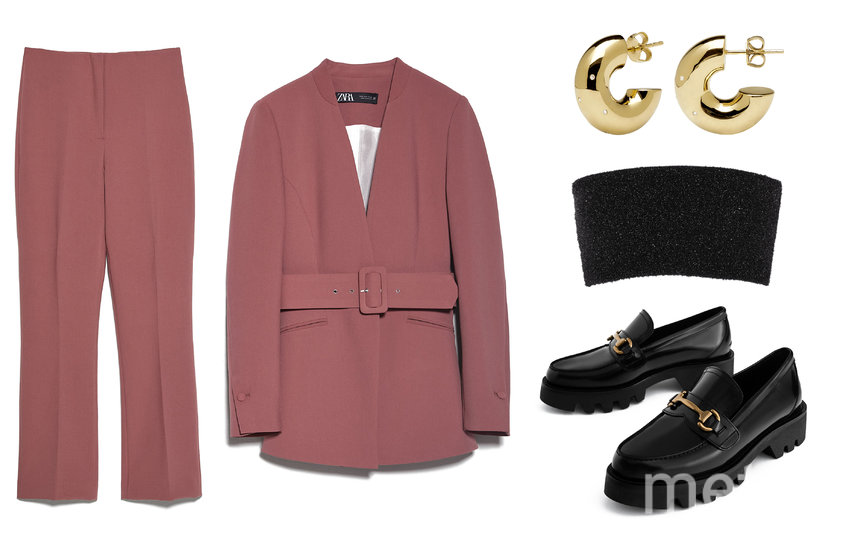 Брючный костюм Zara (7598 руб.) / Лоферы Uterque (10 990 руб.) / Бра Calvin Klein Collection, YOOX (5000 руб.) / Серьги PDPAOLA (4140 руб.). Фото Предоставлено интернет-магазином, "Metro"