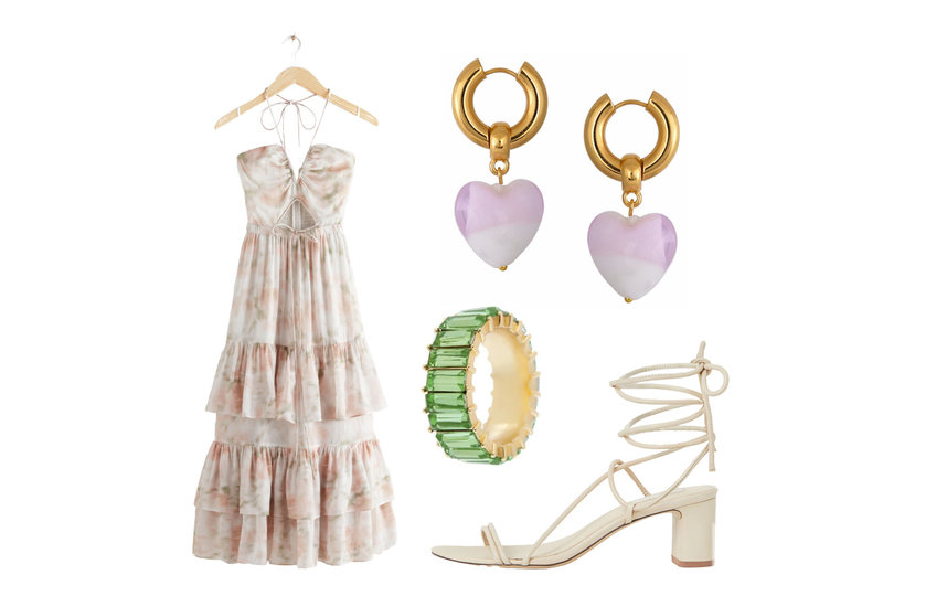 Платье & Other Stories (18 500 руб.) / Босоножки H&M (3499 руб.) / Серьги Mayol (5635 руб.) / Кольцо Deja Vu (4500 руб.). Фото Предоставлено интернет-магазином, "Metro"