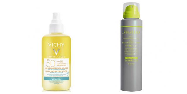 Солнцезащитный двухфазный увлажняющий спрей Vichy Capital Soleil (1245 руб.) / Невидимый солнцезащитный мист Shiseido Sports SPF50+ (2138 руб.).