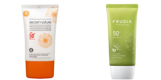 Солнцезащитный крем Secret Nature Calendula Non-Chemical Sunscreen SPF50+ (1690 руб.) / Солнцезащитный восстанавливающий крем с авокадо FRUDIA SPF50+PA++++ (884 руб.).