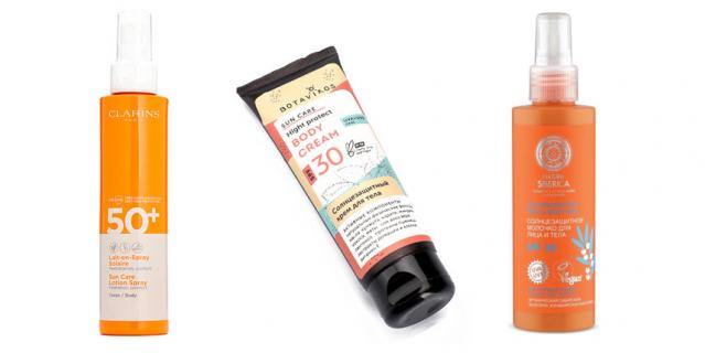 Солнцезащитное молочко-спрей для тела Clarins SPF50+ (1100 руб.) / Крем солнцезащитный для тела Botavikos SPF30 (505 руб.) / Солнцезащитное молочко для лица и тела SPF30 от Natura Siberica (720 руб.).