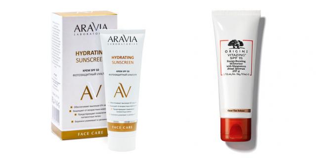 Крем дневной фотозащитный SPF 50 Hydrating Sunscreen от ARAVIA Laboratories (480 руб.) / Увлажняющиий крем, придающий энергию Origins Vitazing SPF15 (2390 руб.).