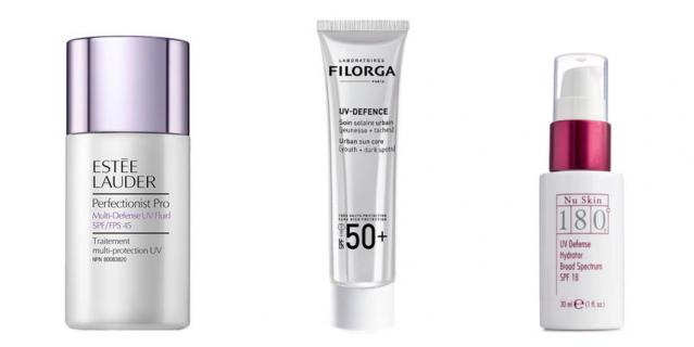 Мультизащитный UV флюид с антиоксидантами SPF45 Estee Lauder Perfectionist Pro (3950 руб.) / Солнцезащитный крем (Омолаживающее действие + коррекция пигментных пятен) SPF 50+ от FILORGA (2701 руб.) / Увлажняющий крем с УФ-фильтром 180 UV Block Hydrator SPF18 от NU SKIN (3233 pуб.).