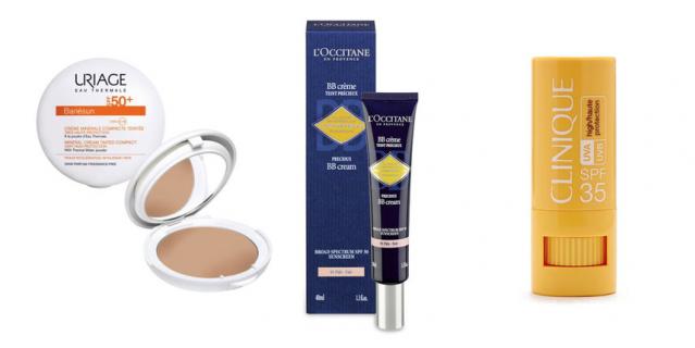 Минеральная компактная крем-пудра Uriage Bariersun SPF50+ (1650 руб.) / BB-крем "Драгоценный Иммортель" SPF30 от L'Occitane (3950 руб.) / Солнцезащитный крем-стик для чувствительных участков SPF35 от Clinique (1409 руб.).