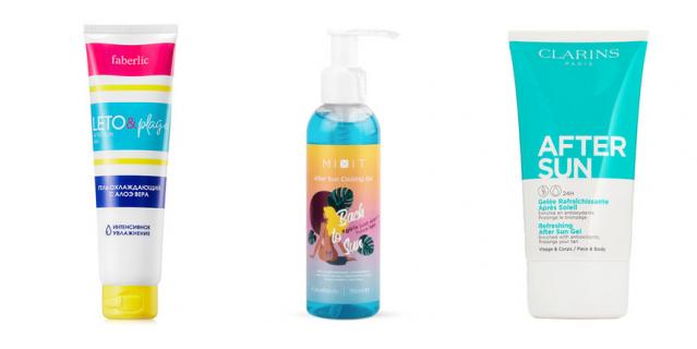 Гель после загара охлаждающий от Faberlic (239 руб.) / Восстанавливающий охлаждающий гель после загара от MIXIT (395 руб.) / Освежающий гель после загара для лица и тела от Clarins (1105 руб.).