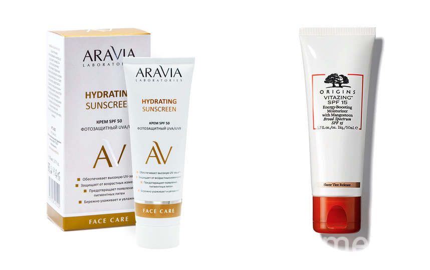 Крем дневной фотозащитный SPF 50 Hydrating Sunscreen от ARAVIA Laboratories (480 руб.) / Увлажняющиий крем, придающий энергию Origins Vitazing SPF15 (2390 руб.). Фото Предоставлено интернет-магазином, "Metro"