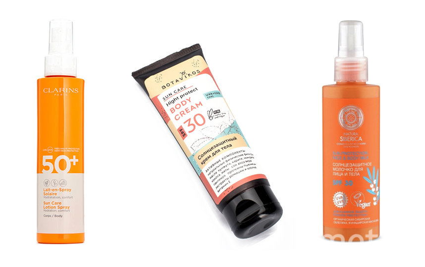Солнцезащитное молочко-спрей для тела Clarins SPF50+ (1100 руб.) / Крем солнцезащитный для тела Botavikos SPF30 (505 руб.) / Солнцезащитное молочко для лица и тела SPF30 от Natura Siberica (720 руб.). Фото Предоставлено интернет-магазином, "Metro"