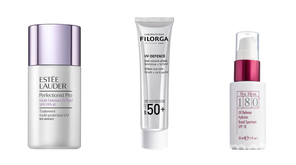 Мультизащитный UV флюид с антиоксидантами SPF45 Estee Lauder Perfectionist Pro (3950 руб.) / Солнцезащитный крем (Омолаживающее действие + коррекция пигментных пятен) SPF 50+ от FILORGA (2701 руб.) / Увлажняющий крем с УФ-фильтром 180 UV Block Hydrator SPF18 от NU SKIN (3233 pуб.). Фото Предоставлено интернет-магазином, "Metro"