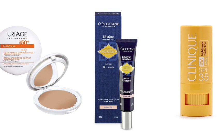 Минеральная компактная крем-пудра Uriage Bariersun SPF50+ (1650 руб.) / BB-крем "Драгоценный Иммортель" SPF30 от L'Occitane (3950 руб.) / Солнцезащитный крем-стик для чувствительных участков SPF35 от Clinique (1409 руб.). Фото Предоставлено интернет-магазином, "Metro"