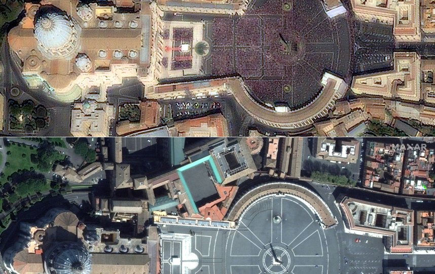 Площадь Святого Петра. Вербное воскресенье 17 апреля 2011 года (вверху) и в Вербное воскресенье 5 апреля 2020 года (внизу). Фото AFP
